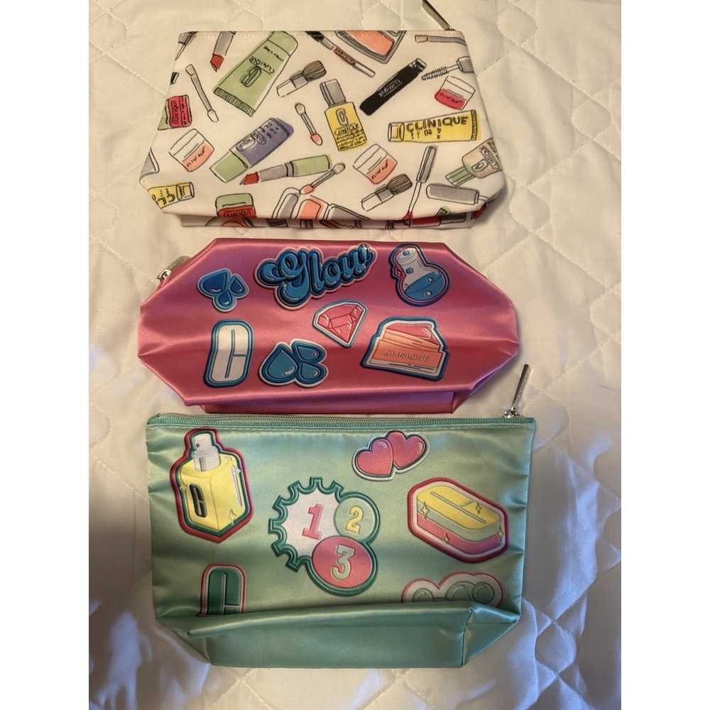 Set Of 3 Clinique Makeup Cosmetic Bags-Pink Mint Green & White Travel Pouches - Picture 2 of 5